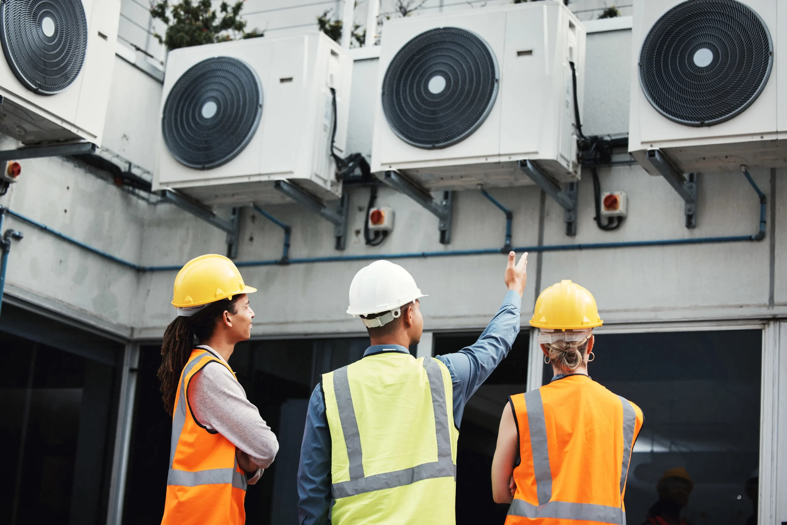 Team of HVAC technicians inspecting and discussing rooftop air conditioning units during maintenance