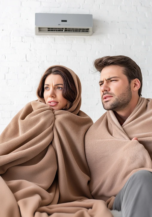 young couple freezing under a blanket