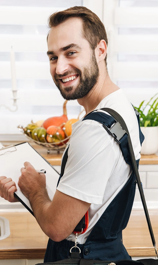 Smiling man in overalls holding a clipboard, standing in a bright kitchen. A bowl of fruit and a plant are visible on the counter behind him.