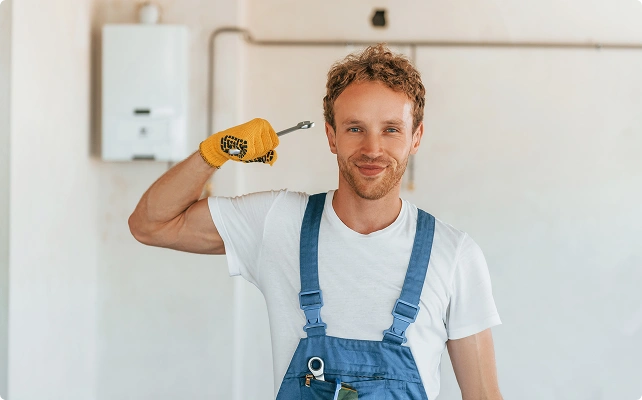 A man in blue overalls and a white t-shirt smiles while holding a wrench to his head, wearing a yellow glove. A boiler is visible in the background.
