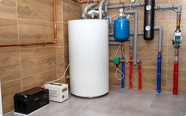 A modern boiler room with a white water heater, blue pressure tank, pipes, copper fittings, and control units on wooden-tiled walls and gray flooring.
