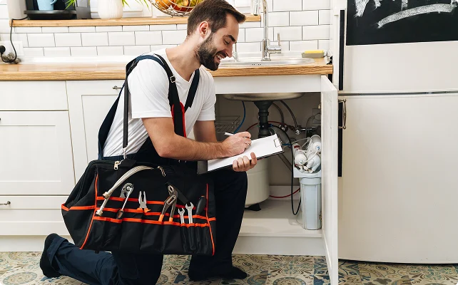 A smiling repair person kneels by an open kitchen cabinet, inspecting pipes. They're holding a clipboard and a tool bag, exuding a cheerful, professional demeanor.