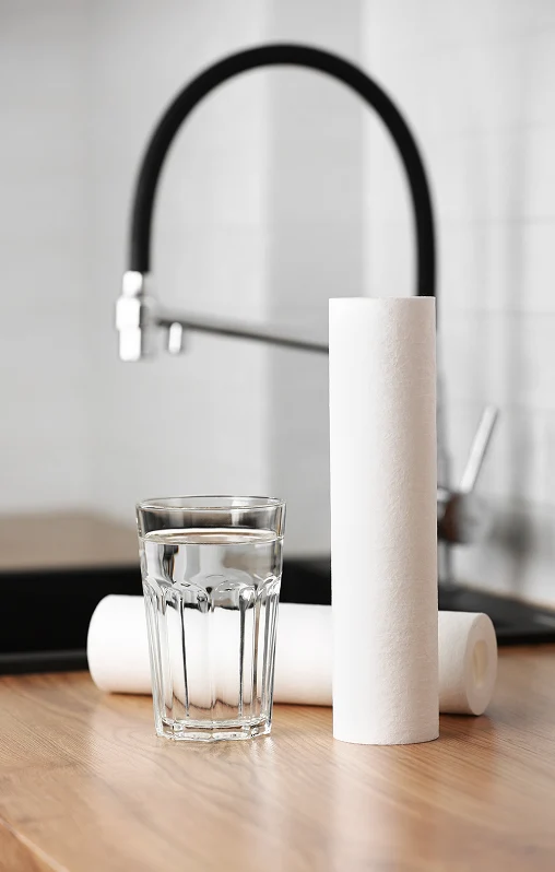A glass of water and two cylindrical water filters stand on a wooden countertop. A sleek black kitchen faucet is in the background, lending a modern feel.