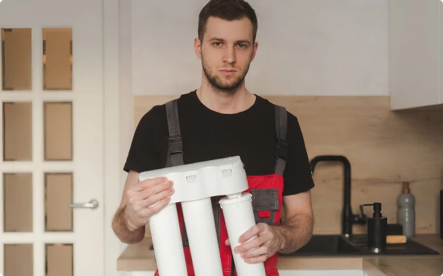 A man in red overalls holding a white water filter system in a modern kitchen. He stands by a sink, wearing a serious expression, indicating focus and professionalism.