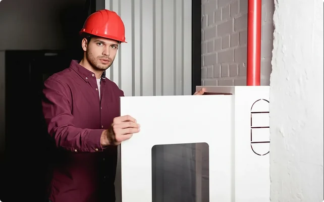 A man in a red hard hat and maroon shirt stands beside a white industrial panel, looking serious. A red pipe runs along the brick wall behind him.