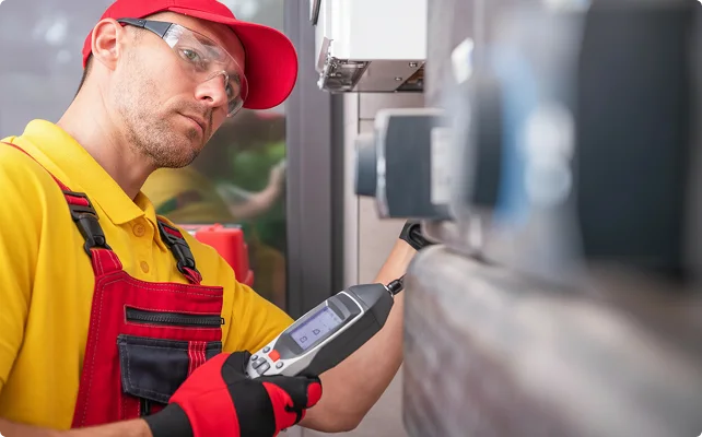 A man in a red cap and overalls uses a handheld device to inspect equipment. He appears focused and attentive in a professional setting.