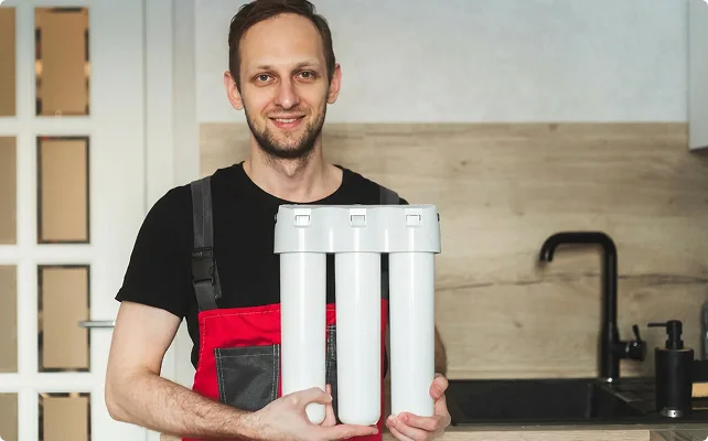 Smiling man in a black and red overalls holding a white water filtration system in a modern kitchen. Light wood tones and black fixtures accent the space.