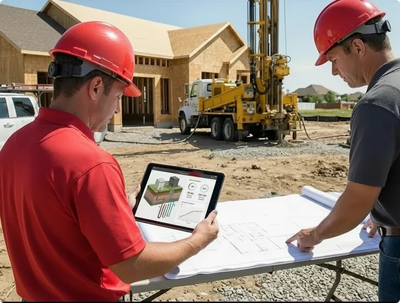 Construction engineers reviewing house plans on tablet at building site with drilling rig in background, outdoor scene