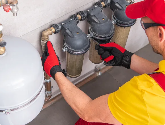 A technician in a yellow shirt and red cap inspects water filtration systems mounted on a wall. He wears red gloves, focusing intently on the filters.