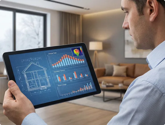 A man in a living room examines a tablet displaying house blueprints, charts, and data graphs. The setting is modern and well-lit, conveying a tech-focused tone.