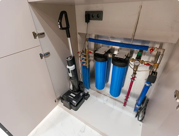 Under-sink setup with vibrant blue water filters and plumbing, adjacent to a black and gray cordless vacuum. The scene conveys a tidy, functional space.