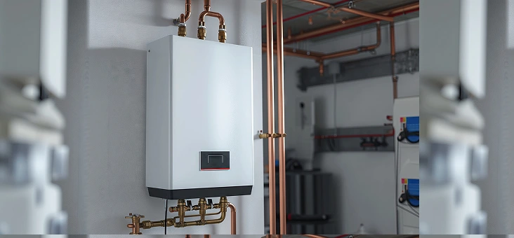 A modern, rectangular water heater with copper pipes is mounted on a white wall in a utility room. The space appears clean and well-organized.
