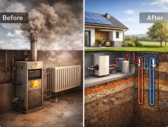 Before and after comparison of home heating systems showing old solid fuel boiler versus modern heat pump installation