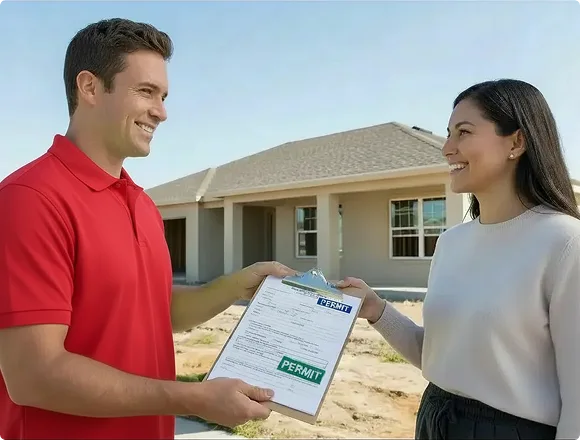 A man in a red polo hands a clipboard with a permit to a woman in front of a new house. Both are smiling, conveying a sense of achievement and satisfaction.