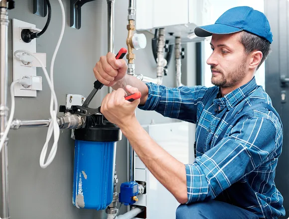 Man in blue cap and plaid shirt repairs a blue water filter attached to pipes. He uses a wrench, focused on the task, in a utility room setting.
