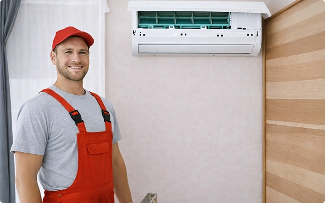 HVAC technician standing next to an installed wall-mounted air conditioner with the front panel open