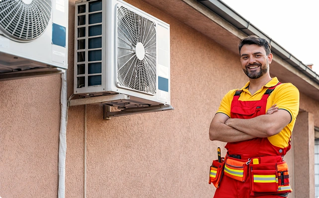HVAC technician standing next to an outdoor wall-mounted air conditioner unit after installation