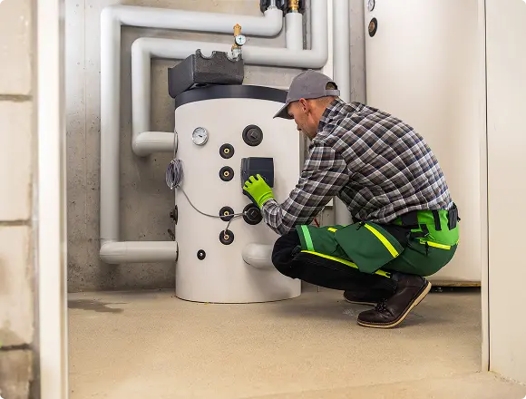 Technician adjusting controls on a large heating system unit.
