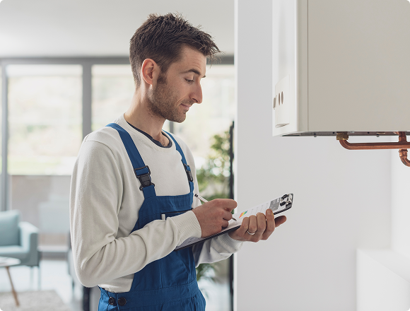 Technician inspecting a water heater and writing notes on a clipboard.