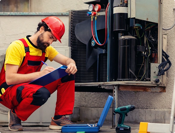 HVAC technician inspecting and documenting an outdoor air conditioning unit during maintenance