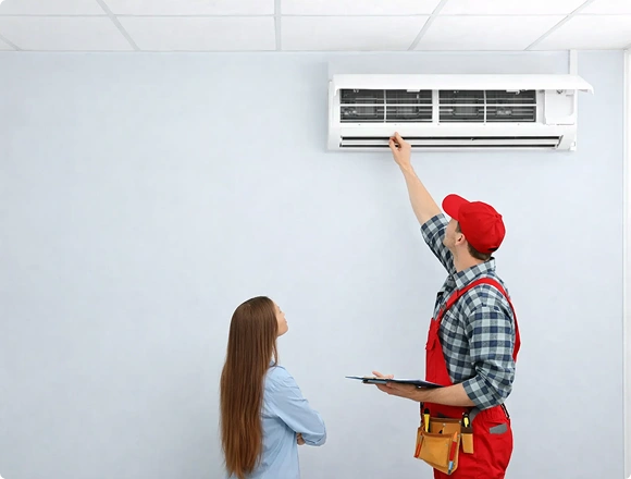 Technician servicing a wall-mounted air conditioner while a homeowner looks on