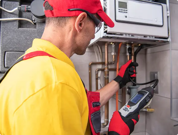 Technician inspecting a water heater with diagnostic equipment.
