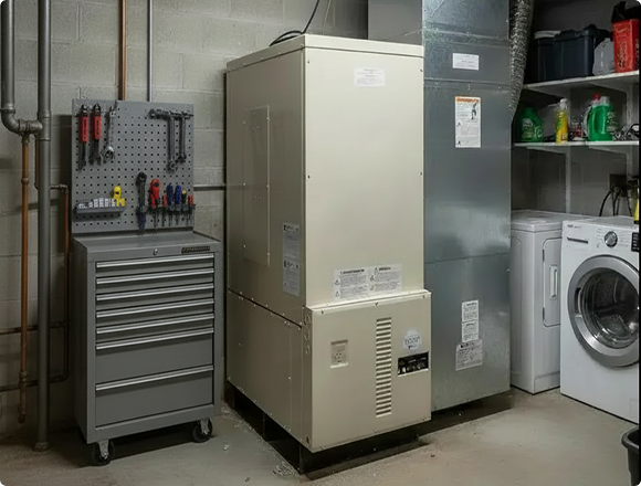 Residential HVAC furnace system installed in a utility or basement room with nearby tools and appliances.