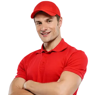 Man in a red uniform and cap with arms crossed, smiling, likely representing a delivery or service worker.