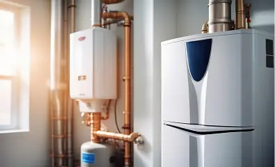 Modern boiler and water heater system installed indoors with connected piping.