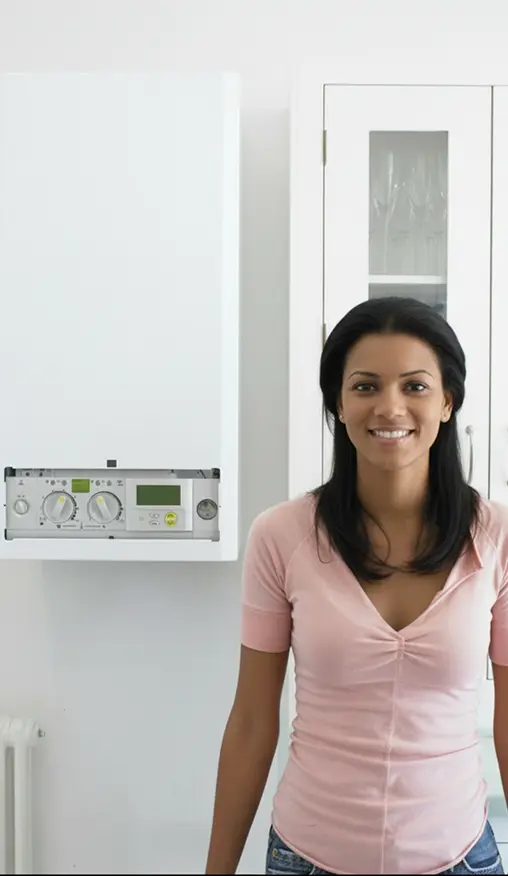 Woman standing next to a wall-mounted water heater at home.