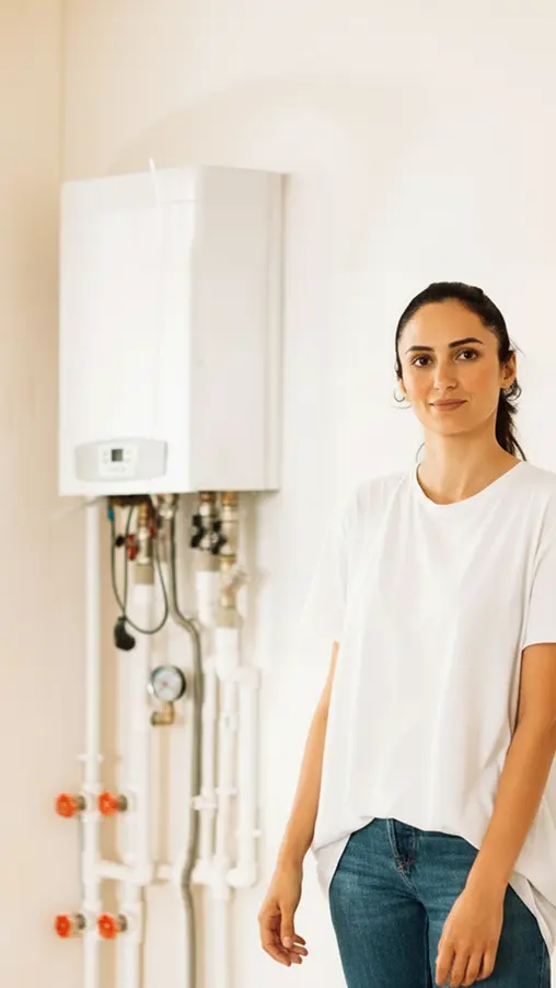 Woman standing next to a wall-mounted boiler system at home.
