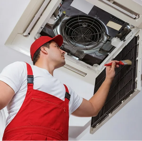 Technician cleaning ceiling AC unit with brush