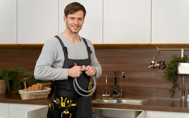 Plumber standing in a kitchen holding a hose, smiling, with tools on his belt, ready for repair or installation work.