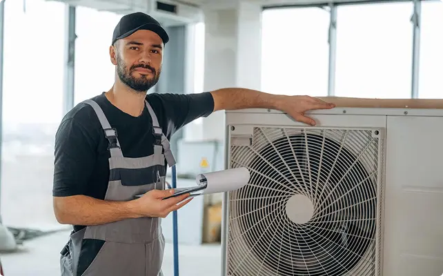Technician standing next to an outdoor air conditioning unit holding a replacement filter.