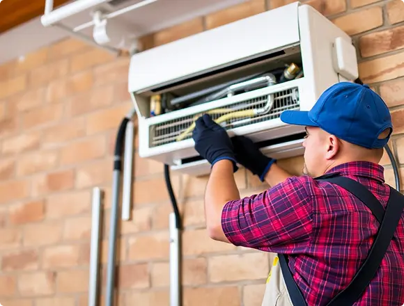 Technician cleaning the filter and internal components of a wall-mounted air conditioner.