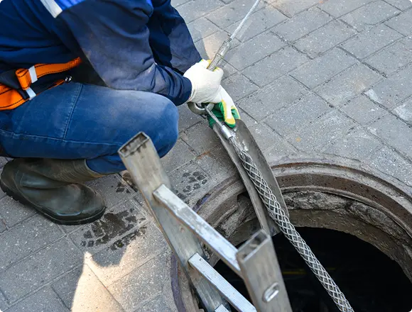Worker using specialized equipment to clean or inspect a sewer line through a manhole, indicating drainage maintenance.