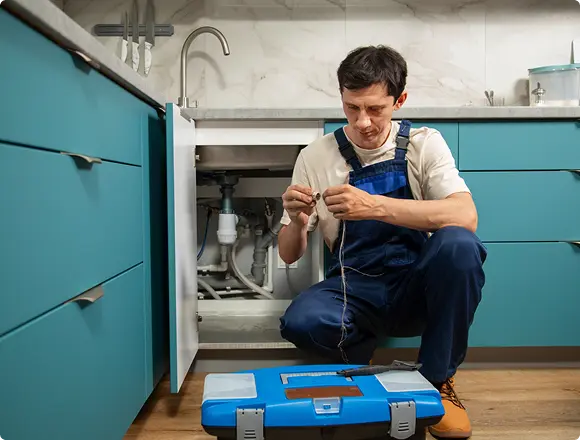Plumber kneeling in a kitchen, preparing tools or sealing material before continuing repair work under the sink.