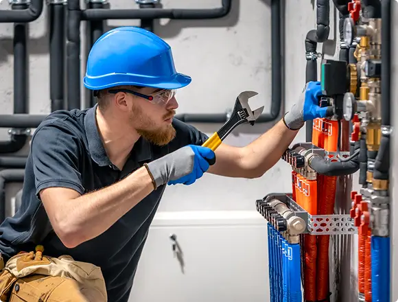 Technician wearing safety gear using a wrench to adjust valves and piping in a mechanical system.