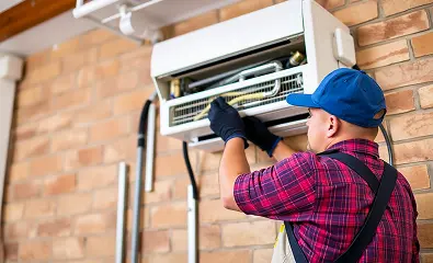 Technician cleaning and servicing the internal components of a wall-mounted air conditioner.