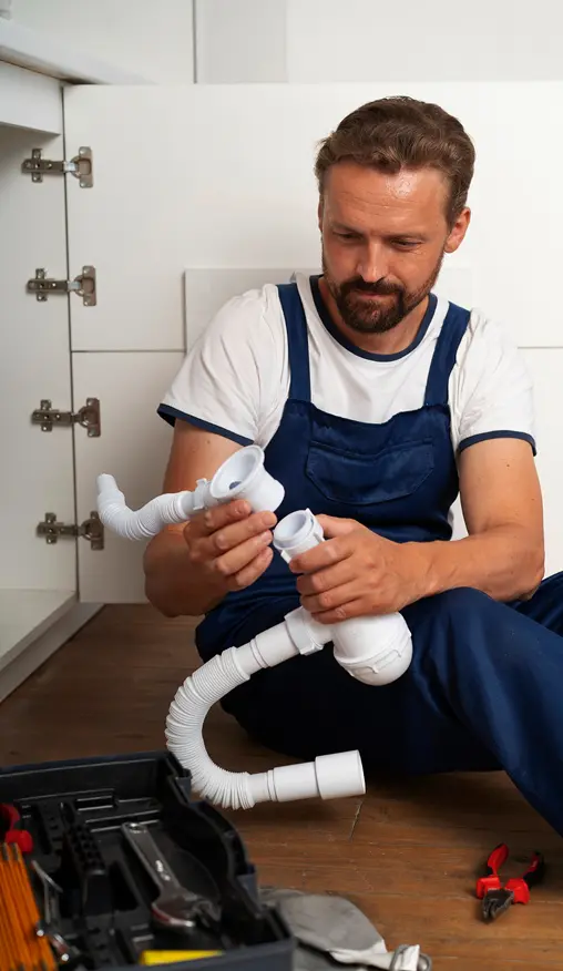 Plumber sitting on the floor assembling or inspecting drain pipes under a sink, with tools nearby.
