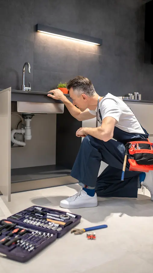Plumber kneeling beside a sink, inspecting the plumbing underneath, with tools laid out for repair work.