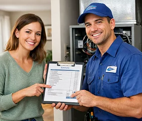 HVAC technician showing estimate to satisfied customer
