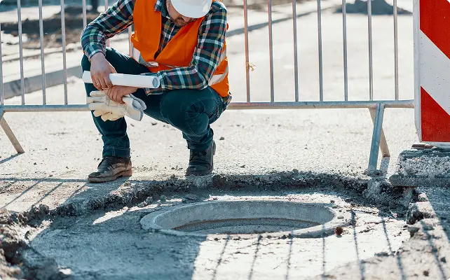 A construction worker in an orange safety vest and white hard hat crouching to inspect a manhole at a road construction site