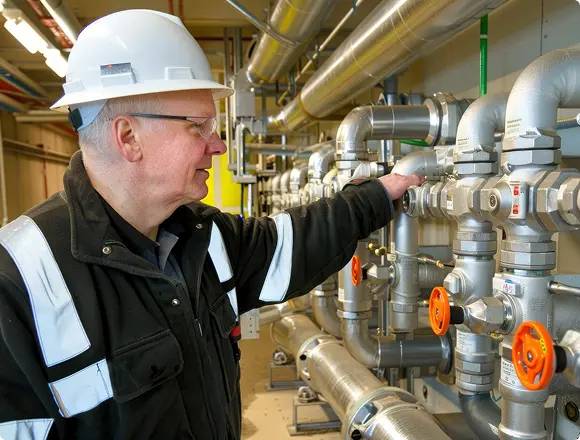 A senior engineer in a white hard hat and reflective jacket inspecting industrial pipe valves in a mechanical facility