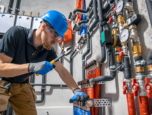 A technician in a blue hard hat and safety glasses using a wrench on a complex pipe and valve system in a mechanical room
