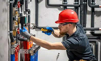 A technician in a red hard hat using a wrench to work on a pipe manifold system