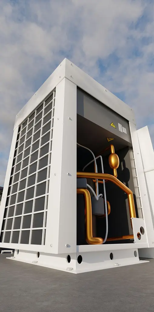 3D render of an open heat pump unit showing internal copper piping and compressor components against a cloudy sky