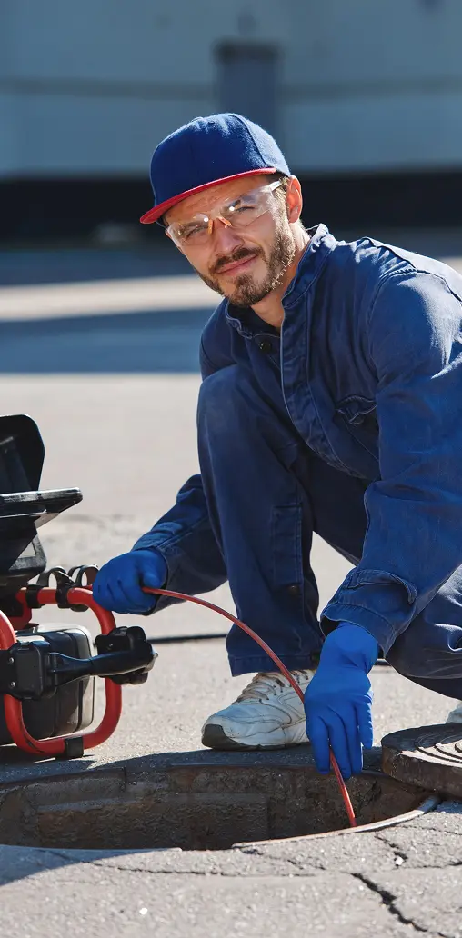 A plumber in blue overalls and safety glasses feeding a drain inspection camera cable into a street manhole