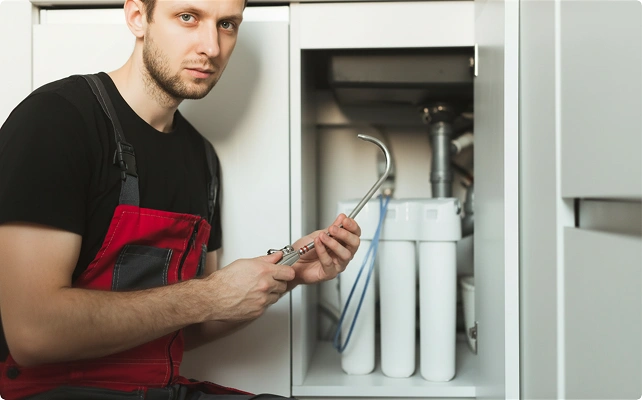 Claude responded: Plumber installing an under-sink water filtration system inside a kitchen cabinetPlumber installing an under-sink water filtration system inside a kitchen cabinet