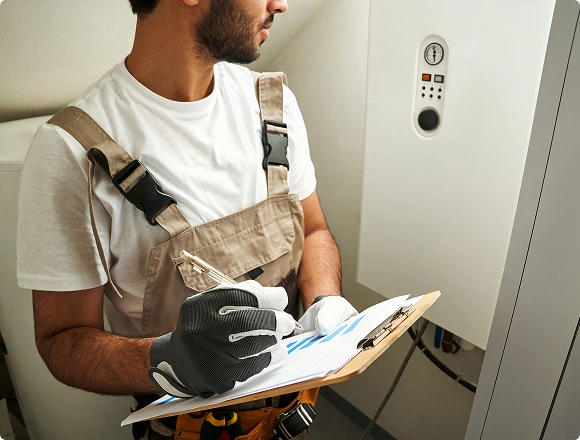 Technician in work overalls reviewing a checklist on a clipboard next to a heating unit